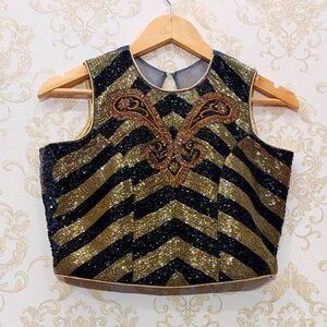 Gold and Black Sequin Crop Top blouse perfect for saree or lengha